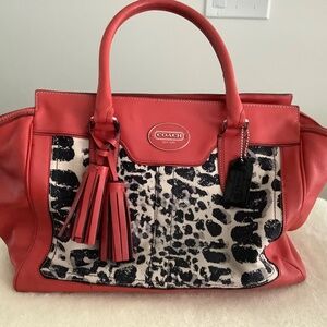 Coach Legacy Haley Red Leather and Leopard Print Cloth Trim Satchel With Tassel